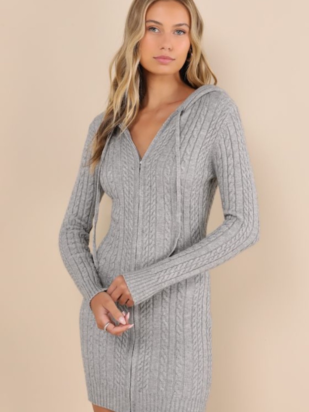 Lulus Cozy Aura Grey Cable Knit Zip-front Hooded Sweater Mini Dress - Size L